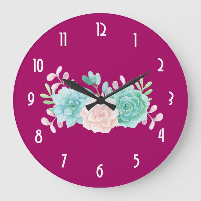Grande Horloge Ronde Bouquet de fleurs rose et vert Pastel sur Magenta  (Recto)