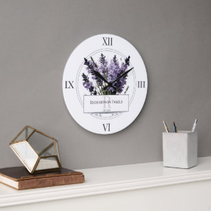 Grande Horloge Ronde Bouquet de lavande aquarelle personnalisé
