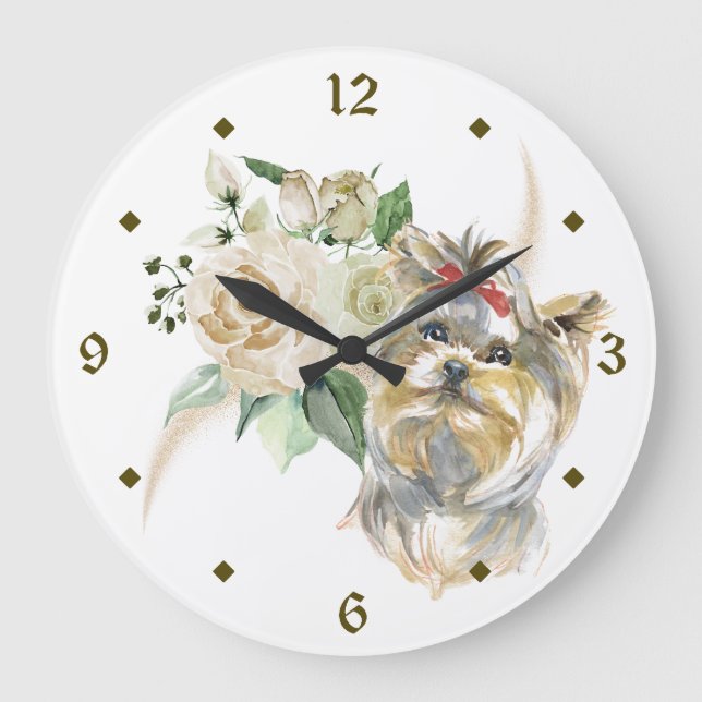 Grande Horloge Ronde Bouquet de rose blanche Yorkshire Terrier Chien (Recto)