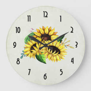 Grande Horloge Ronde Bouquet de tournesol jaune en aquarelle