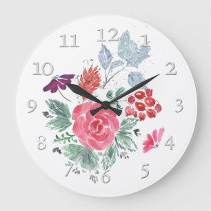 Grande Horloge Ronde Bouquet de turquoise rose aquarelle