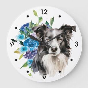 Grande Horloge Ronde Bouquet floral bleu Bordure Collie Chien
