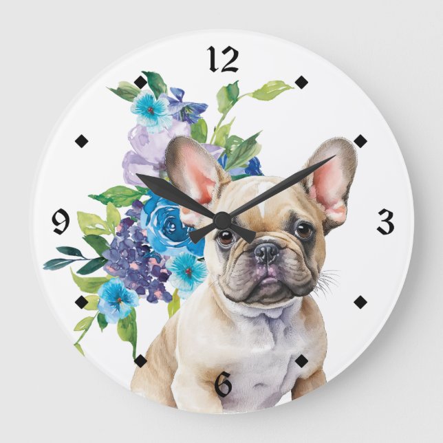 Grande Horloge Ronde Bouquet Floral Bleu Bulldog Français (Recto)