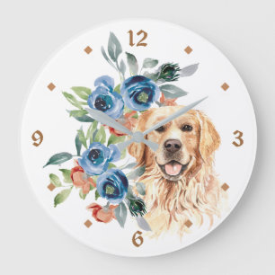 Grande Horloge Ronde Bouquet floral bleu Golden Retriever