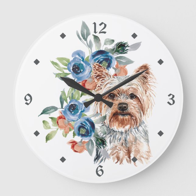 Grande Horloge Ronde Bouquet floral bleu Yorkshire Terrier Dog (Recto)