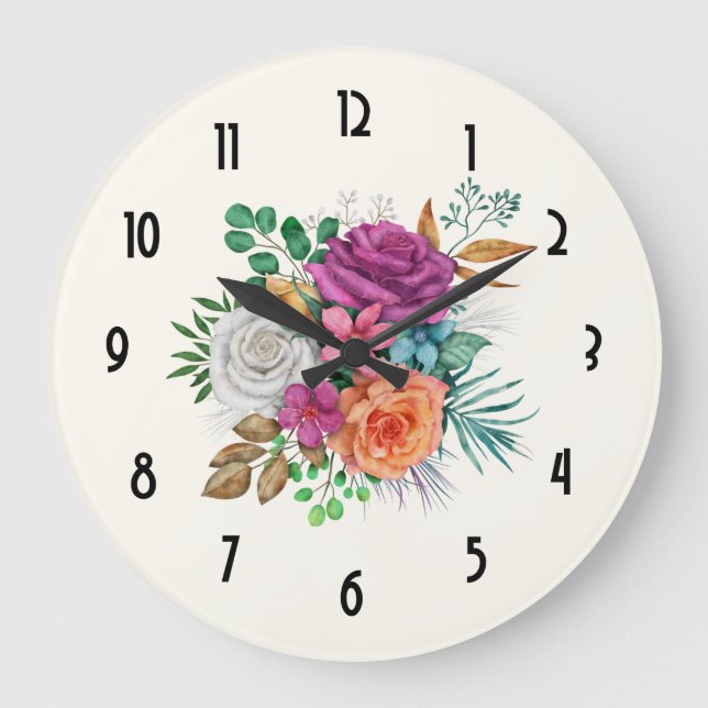 Grande Horloge Ronde Bouquet floral rose, orange et blanc (Recto)