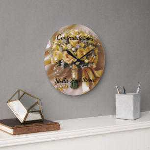 Grande Horloge Ronde Bouquet Mariage de roses jaunes de miel,