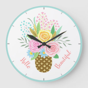 Grande Horloge Ronde Bouquet Rose Ananas Bonjour Belle rose Jaune Rose