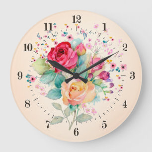 Grande Horloge Ronde Bouquet Vintage de Roses et de fleurs