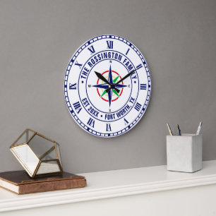 Grande Horloge Ronde Boussole de couleurs DIY Nom de famille Date de cr