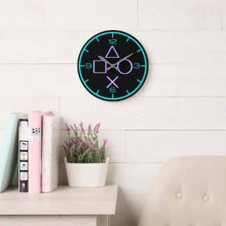 Grande Horloge Ronde Boutons de manette Art néon Glitch Gamer