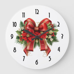 Grande Horloge Ronde Bow de Noël Festif Rouge et Or