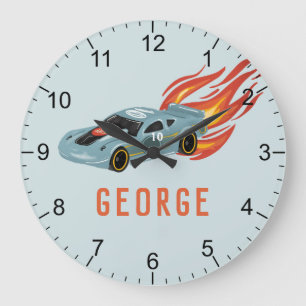 Grande Horloge Ronde Boys Blue Hot Flames & Racing Voiture Salle pour e