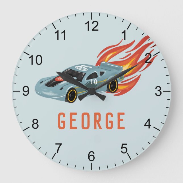 Grande Horloge Ronde Boys Blue Hot Flames & Racing Voiture Salle pour e (Recto)