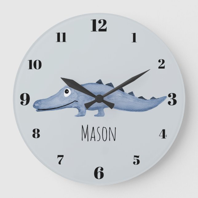 Grande Horloge Ronde Boys Blue Watercolor Crocodile Safari Nom Nursery (Recto)
