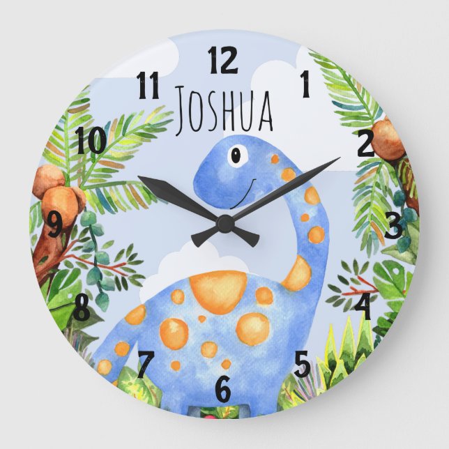 Grande Horloge Ronde Boys Jungle Aquarelle Dinosaure Nom Enfants Nurser (Recto)