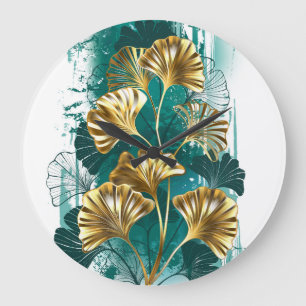 Grande Horloge Ronde Branche avec Feuilles d'or Ginko Biloba