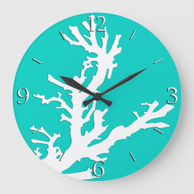 Grande Horloge Ronde Branche de corail - blanc sur la turquoise (Recto)