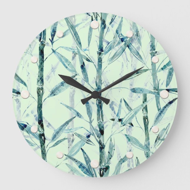 Grande Horloge Ronde Branches, blanc, vert, leaves, bamboo (Recto)