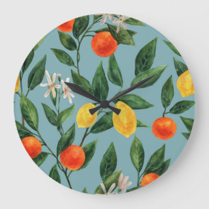 Grande Horloge Ronde Branches de Citrus : Motif ornemental à l'aquarell