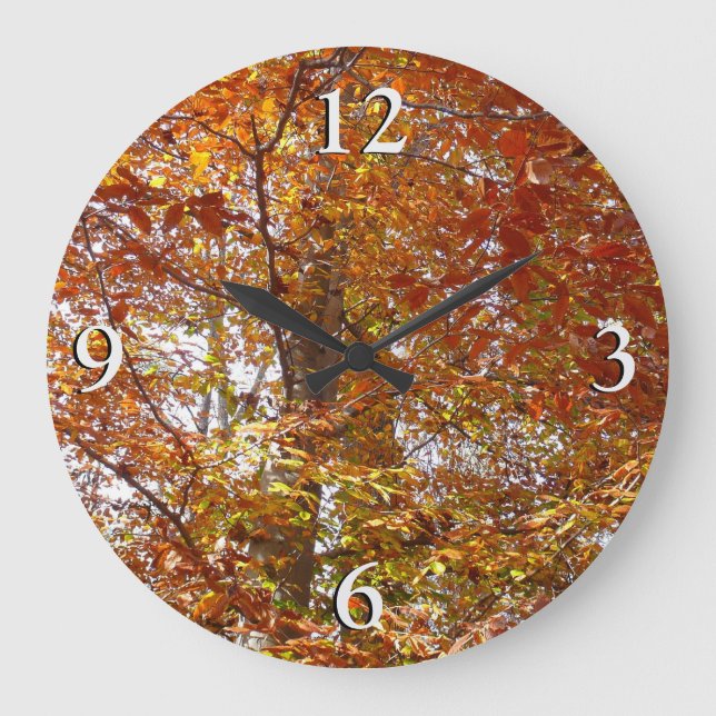 Grande Horloge Ronde Branches de la nature d'automne Feuille orange (Recto)