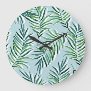 Grande Horloge Ronde Branches De Palmier, Aquarelle Sans Fil À Main.