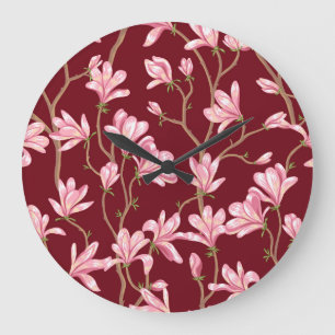 Grande Horloge Ronde Branches Magnolia : Illustration Vintage florissan