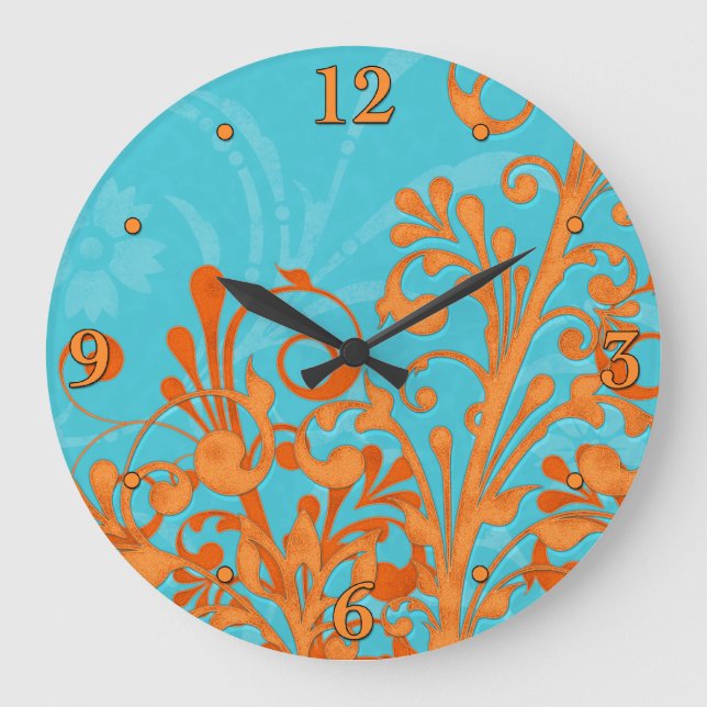 Grande Horloge Ronde Bright Aqua Blue et Orange Floral Wall Clock (Recto)