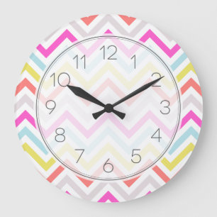 Grande Horloge Ronde Bright Colorful Moderne Chevron Stripes