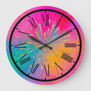 Grande Horloge Ronde Bright Colorful Splatter Clock dans Roman Numerals