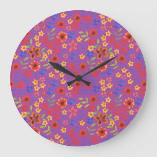 Grande Horloge Ronde Bright Floral Impression sur Magenta Round Wall Ho