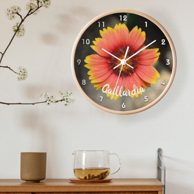 Grande Horloge Ronde Bright Orange Gaillardia Tournesol acrylique (Créateur téléchargé)