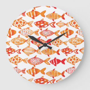 Grande Horloge Ronde Bright Orange Watercolor Fish