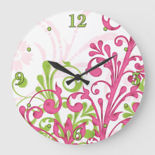 Grande Horloge Ronde Bright Pink, Green, White Floral Wall Clock