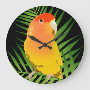 Grande Horloge Ronde Bright Yellow Lovebird Parrot Green Leaves