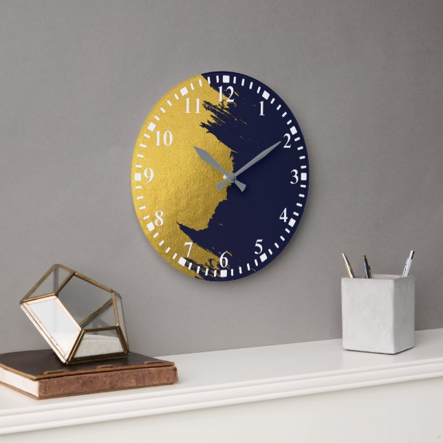 Grande Horloge Ronde Brochures Faux Gold avec Arrière - plan bleu marin (Bureau)