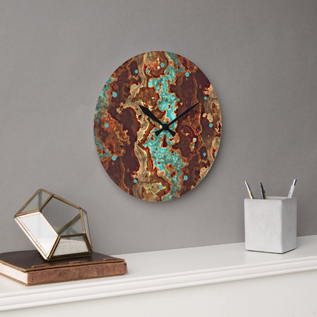 Grande Horloge Ronde Brown Aqua Turquoise Turquoise Green Geode Marble  (Bureau)