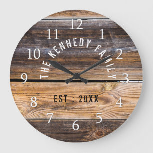 Grande Horloge Ronde Brown Pallet Wood Farmhouse Nom de famille