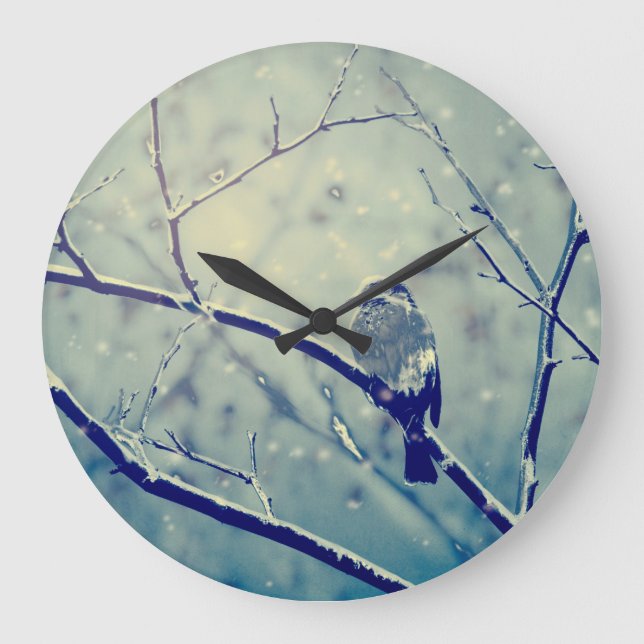 Grande Horloge Ronde Bruant sur la branche enneigée (Recto)