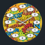 Grande Horloge Ronde Bruits de Pop Art de Bande Dessinée<br><div class="desc">Horloges de pop de bande dessinée de super-héros amusantes et tendance qui sont sûres d'ajouter une touche de couleur à une gamme de pièces autour de votre maison ou de votre bureau. Un moyen idéal de vous traiter ou de traiter quelqu'un que vous connaissez avec ces horloges de concepteur de...</div>