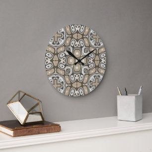 Grande Horloge Ronde Brun Taupe Gris Beige Hanches Motif Artistique Boh