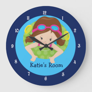 Grande Horloge Ronde Brunette Swim Team Girls Chambres Coutume Bleu