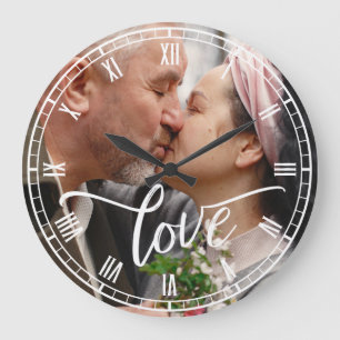 Grande Horloge Ronde Brush Script Love Custom Photo Roman Numbers