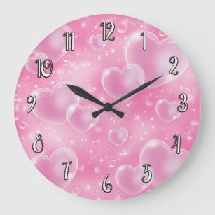 Grande Horloge Ronde Bubble rose Coeurs mignonne Girly 90's Style