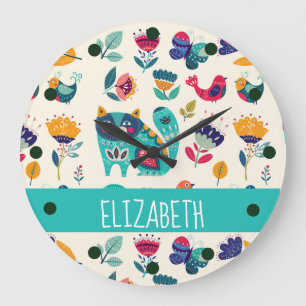 Grande Horloge Ronde Budget Pretty Girly Cats Folk Art Style AJOUTER LE