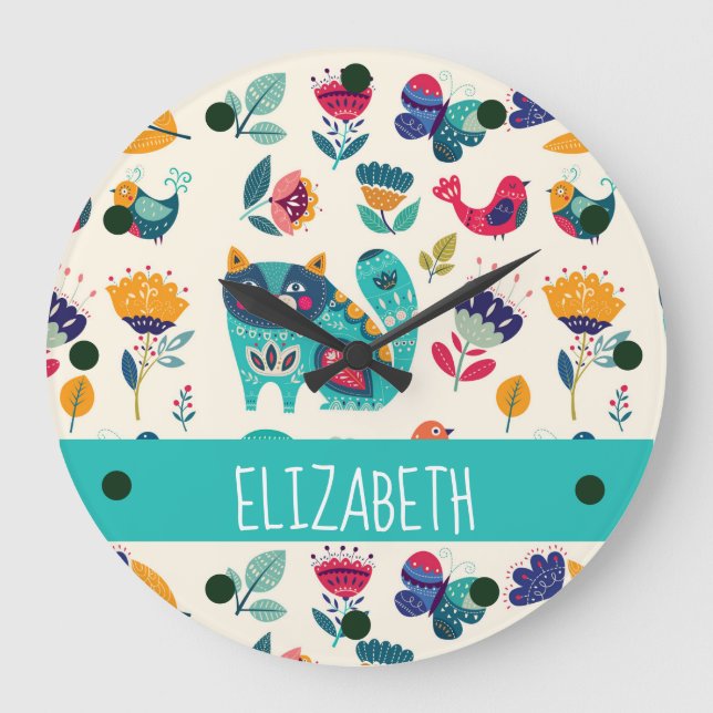 Grande Horloge Ronde Budget Pretty Girly Cats Folk Art Style AJOUTER LE (Recto)
