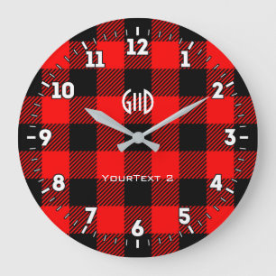 Grande Horloge Ronde Buffle d'esprit nordique personnalisé Check Plaid