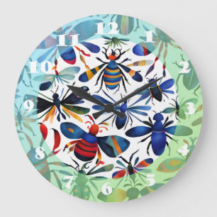 Grande Horloge Ronde Bugs Colorés Insectes Whimsical Art
