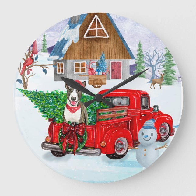 Grande Horloge Ronde Bull Terrier chien dans la livraison de Noël Camio (Recto)