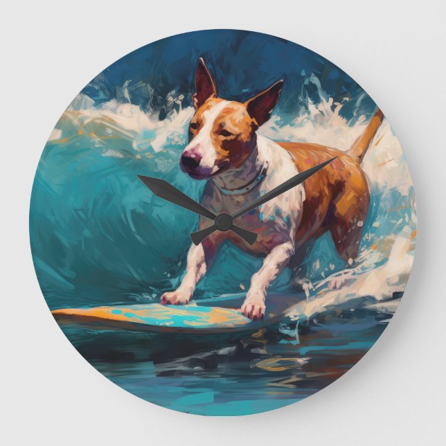 Grande Horloge Ronde Bull Terrier Plage Surf Peinture (Recto)
